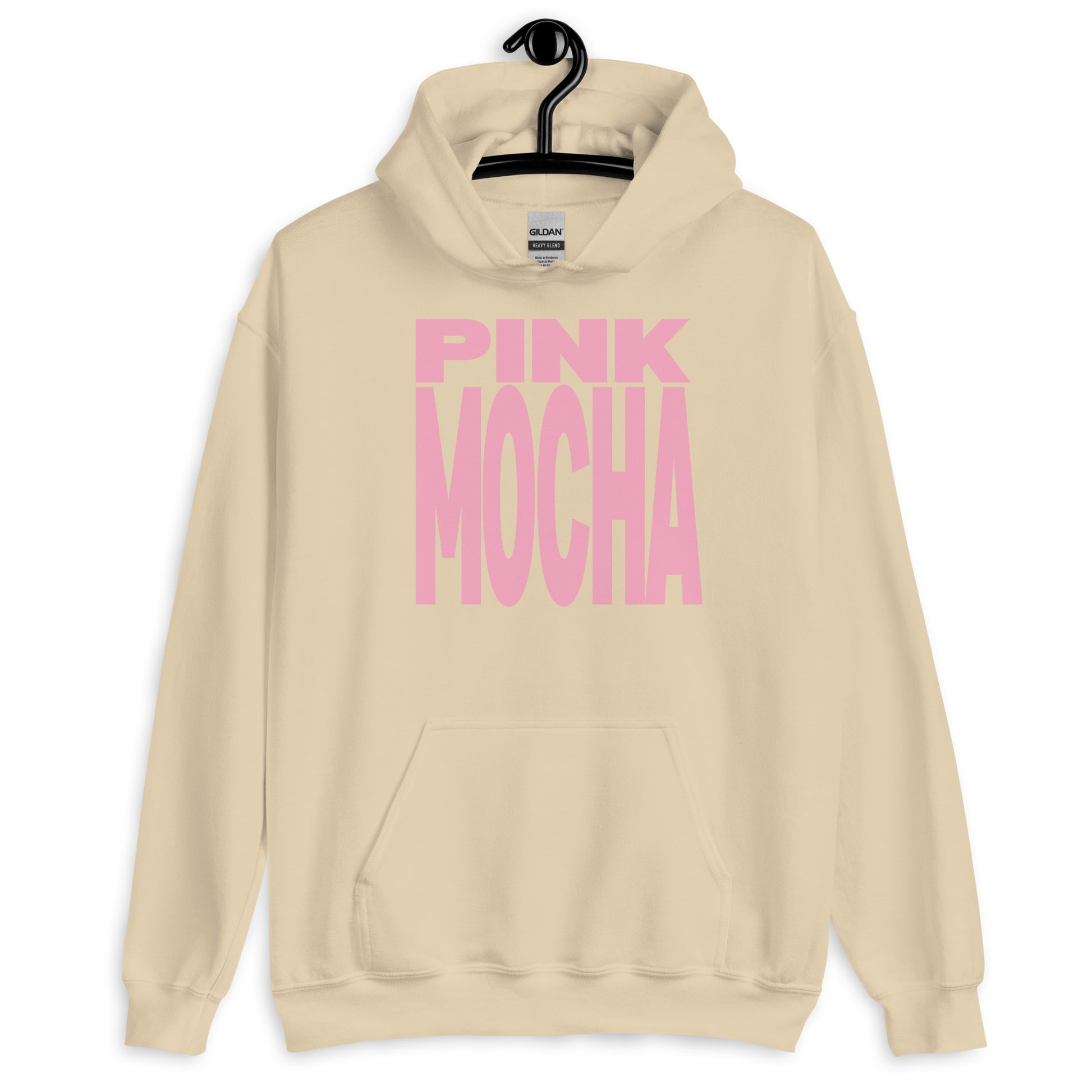 Beige hoodie with 'Pink Mocha' text on a hanger against a white background