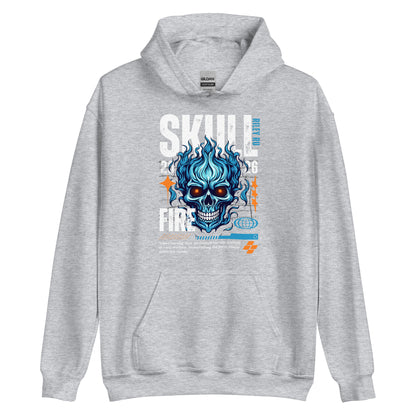 Gray hoodie with a blue skull design and text on a white background