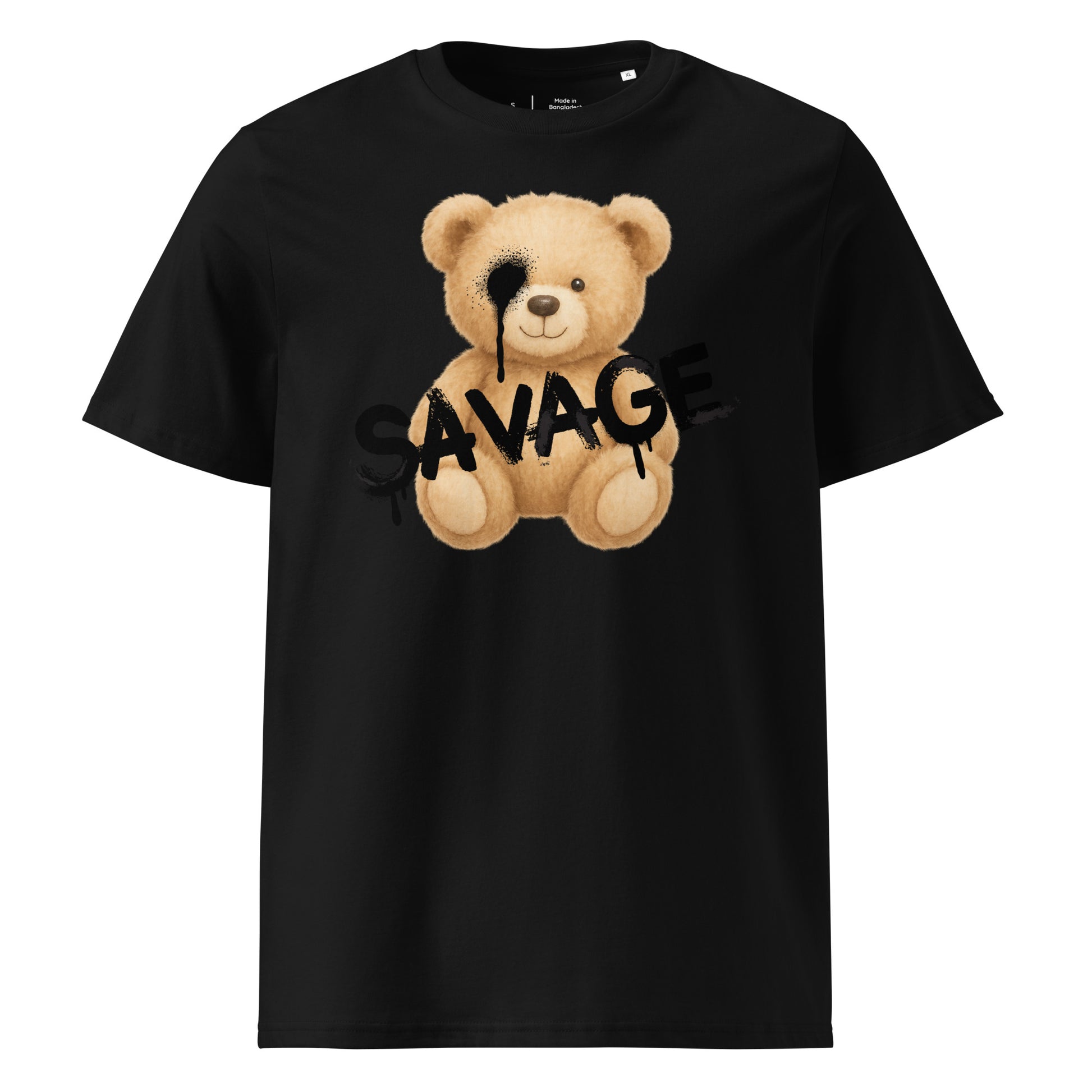 Black t-shirt with a teddy bear graphic and the word 'SAVAGE' on a white background