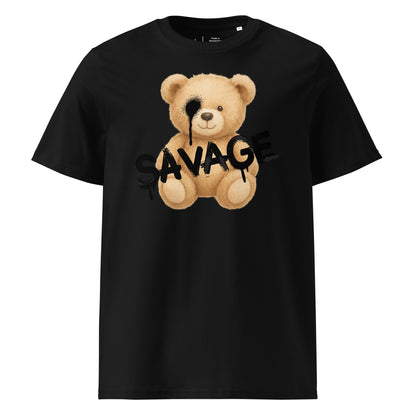 Black t-shirt with a teddy bear graphic and the word 'SAVAGE' on a white background