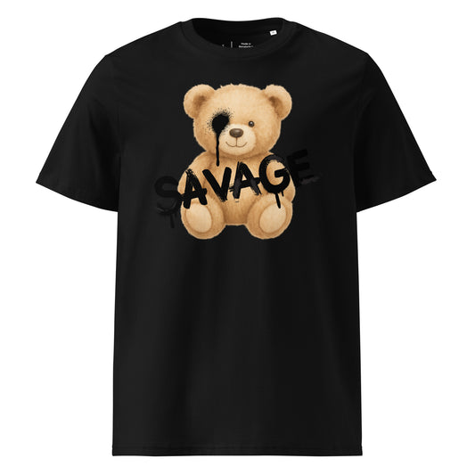 Black t-shirt with a teddy bear graphic and the word 'SAVAGE' on a white background