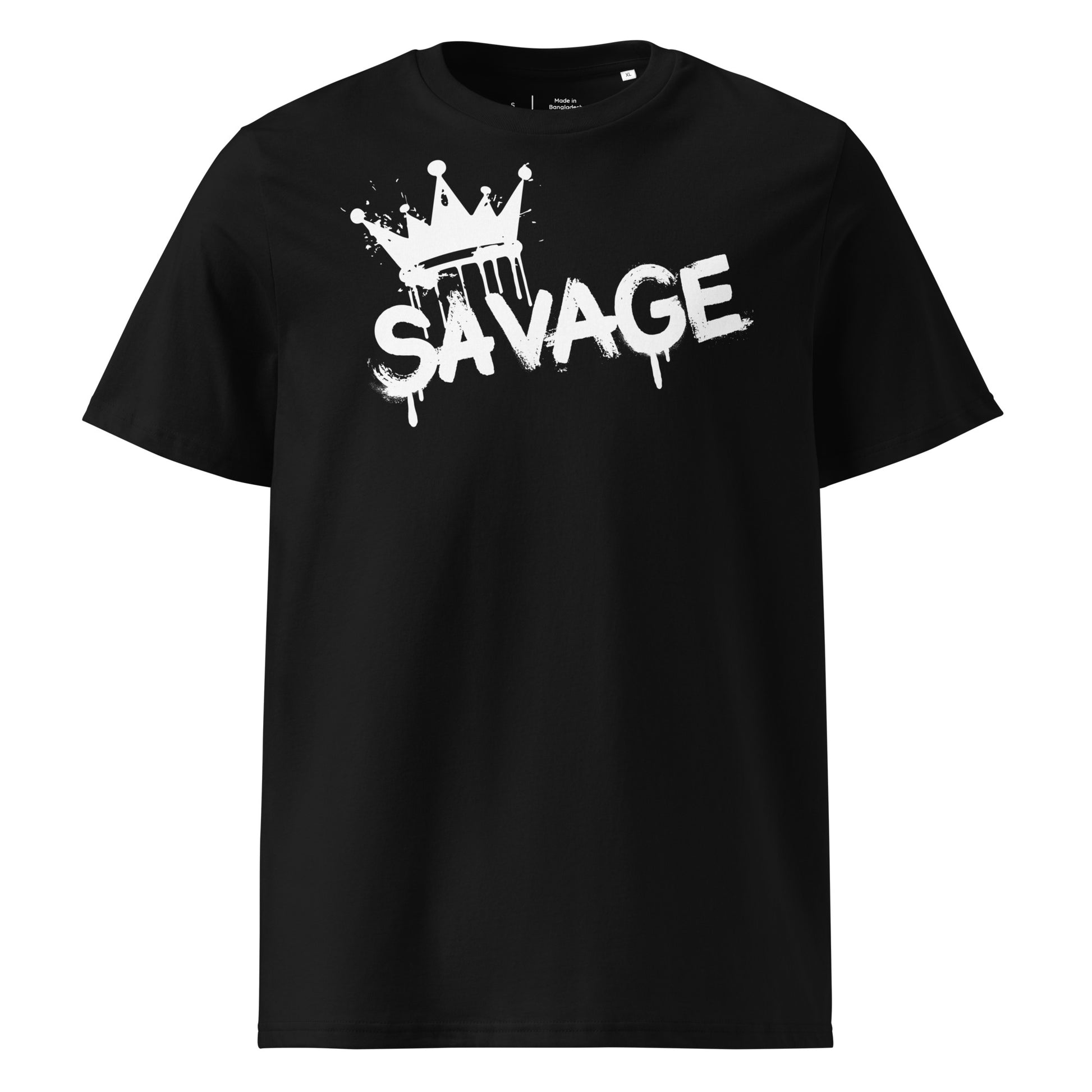 Black t-shirt with 'Savage' graphic design on a white background
