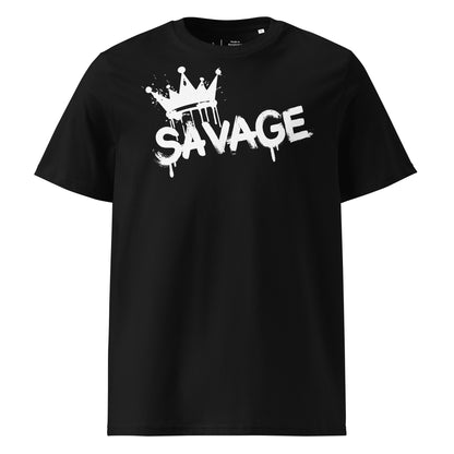Black t-shirt with 'Savage' graphic design on a white background
