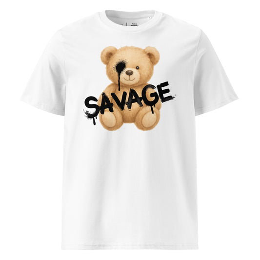 White t-shirt with a teddy bear graphic and the word 'SAVAGE' on a white background