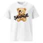 White t-shirt with a teddy bear graphic and the word 'SAVAGE' on a white background