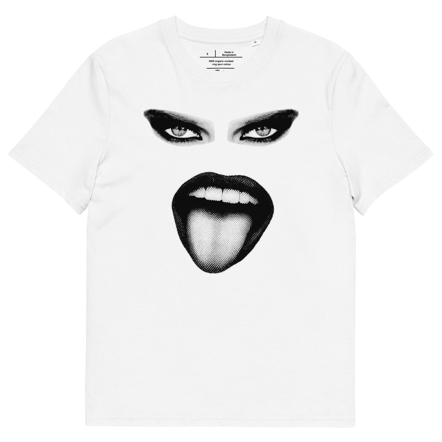 White t-shirt with black graphic design of a face on a white background