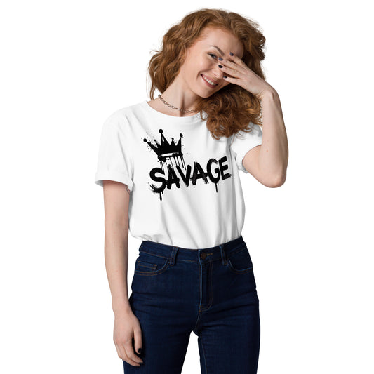 Person wearing a white t-shirt with 'Savage' print on a plain background
