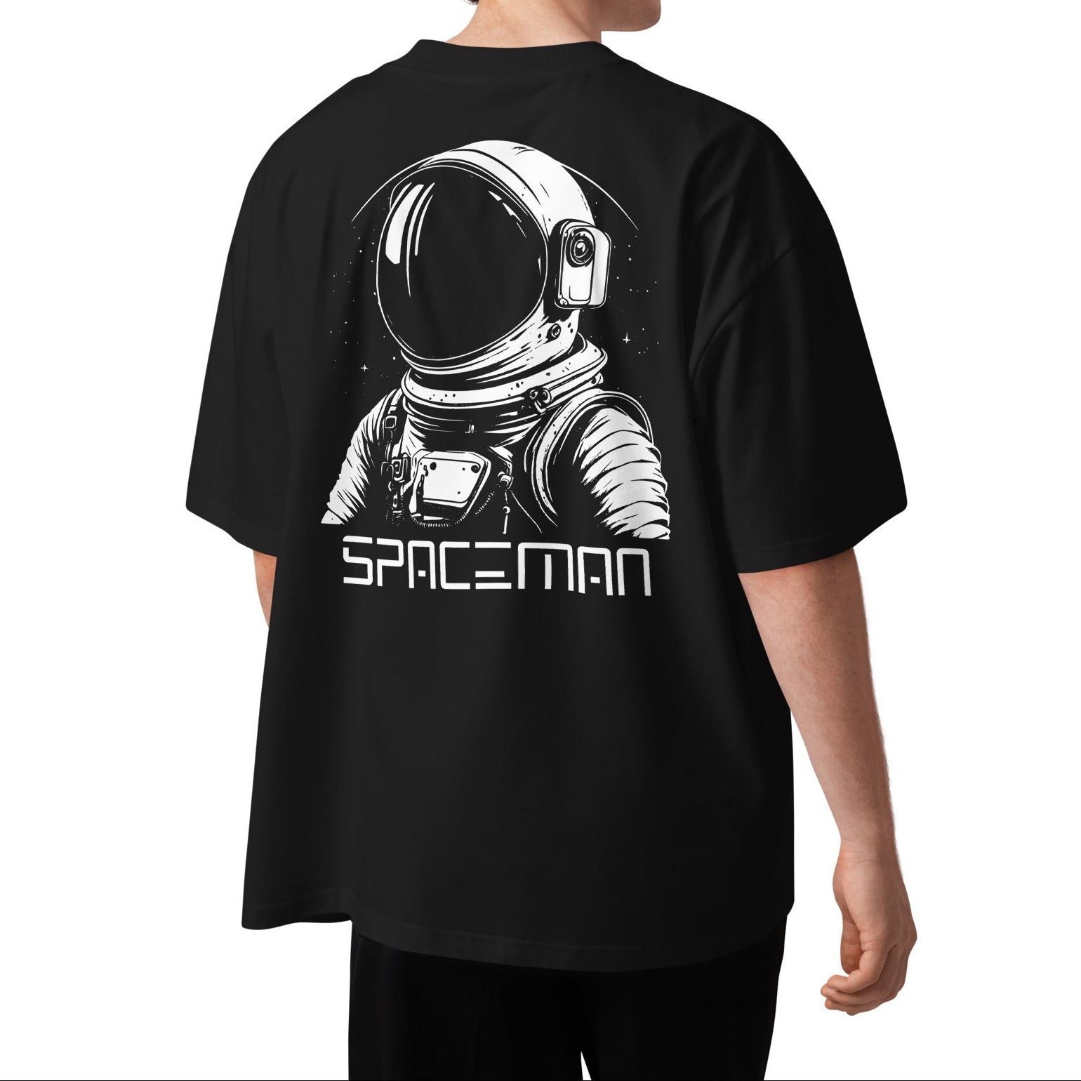 Person wearing a black t-shirt with an astronaut graphic and 'SPACEMAN' text on the back.