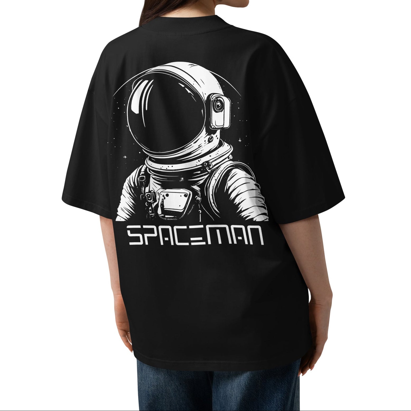 Person wearing a black t-shirt with an astronaut graphic and 'SPACEMAN' text on the back.