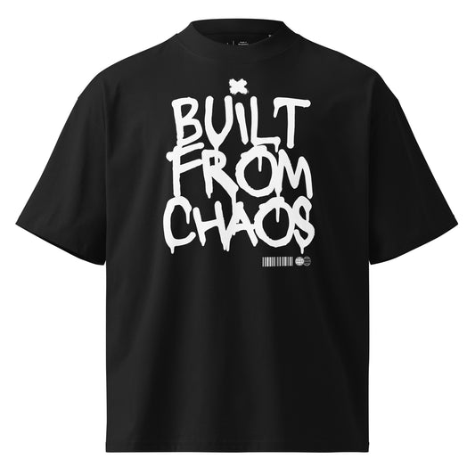 Black t-shirt with 'Built from Chaos' text on a white background
