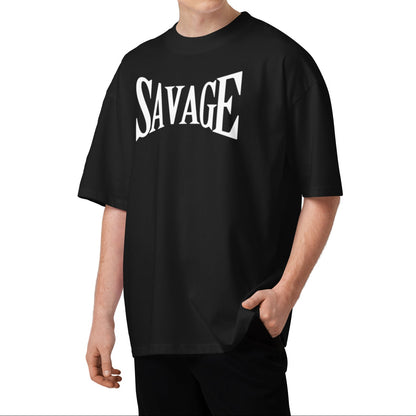 Person wearing a black t-shirt with 'SAVAGE' printed on it against a white background