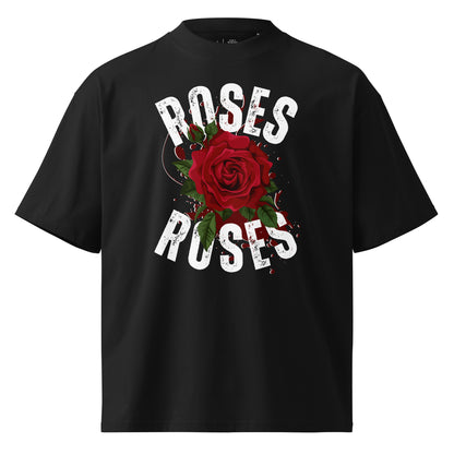 Black t-shirt with a red rose and 'ROSES ROSES' text on a white background