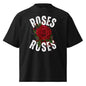Black t-shirt with a red rose and 'ROSES ROSES' text on a white background