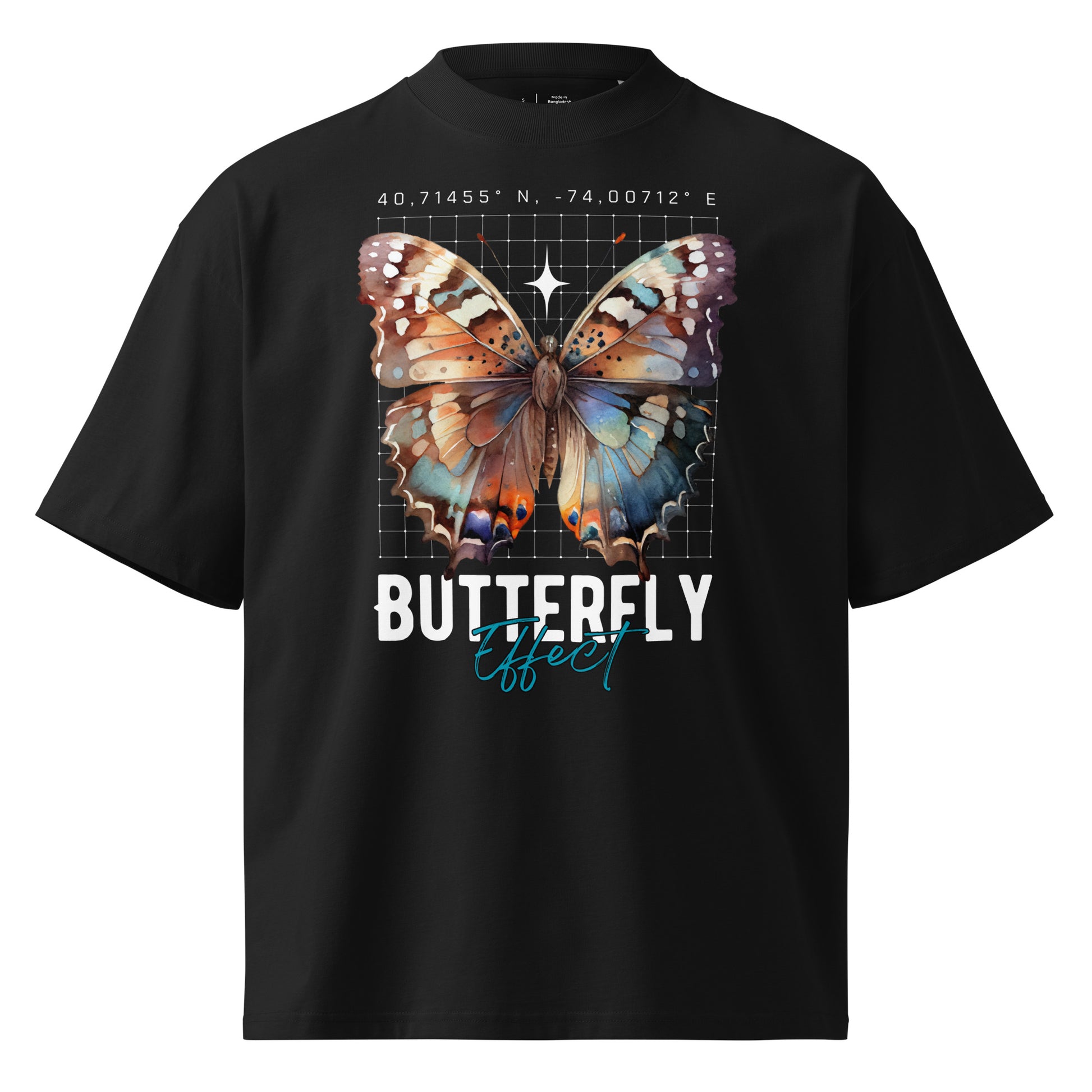 Black t-shirt with a colorful butterfly graphic and 'Butterfly Effect' text on a white background