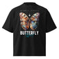 Black t-shirt with a colorful butterfly graphic and 'Butterfly Effect' text on a white background