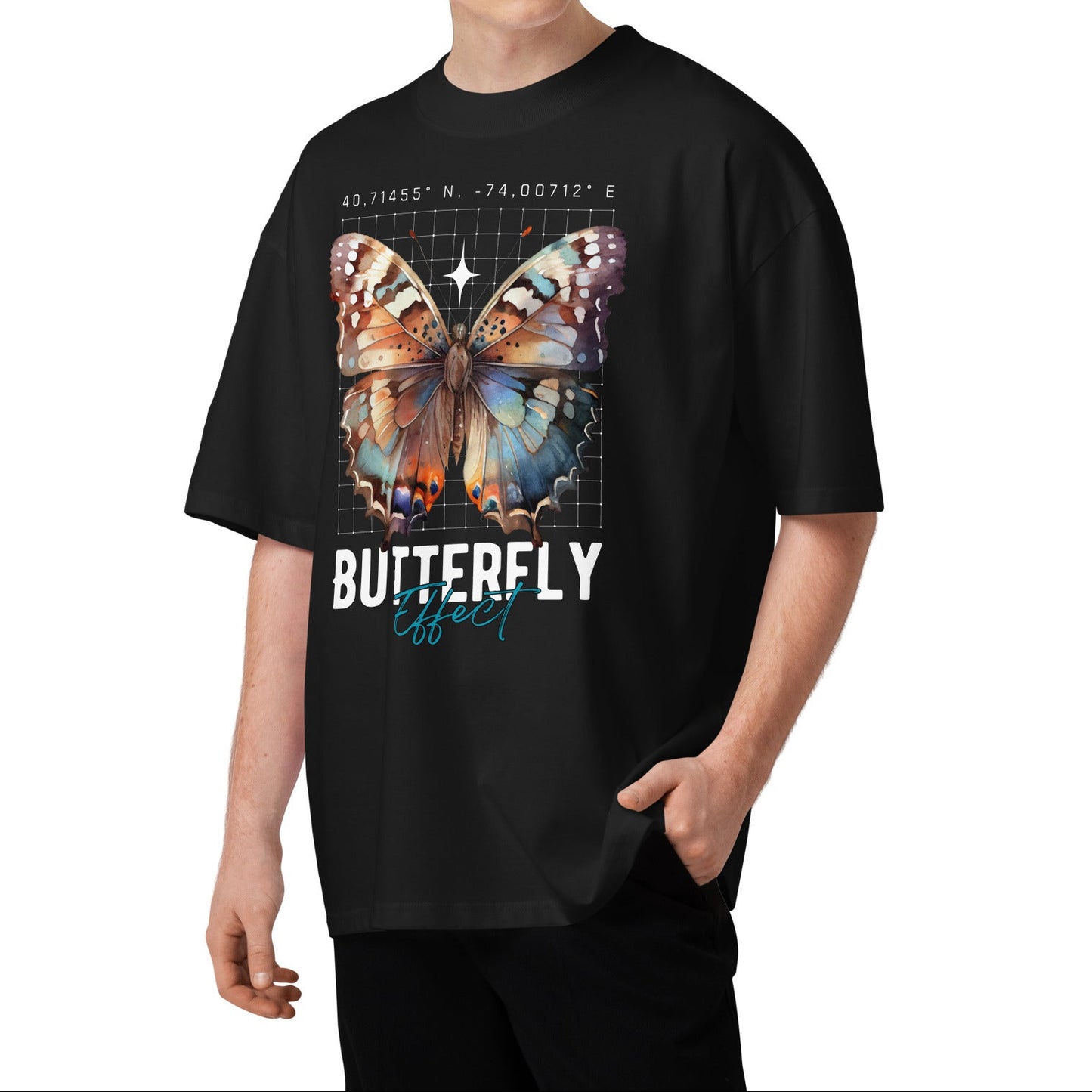 Person wearing a black t-shirt with a butterfly graphic and text on a white background