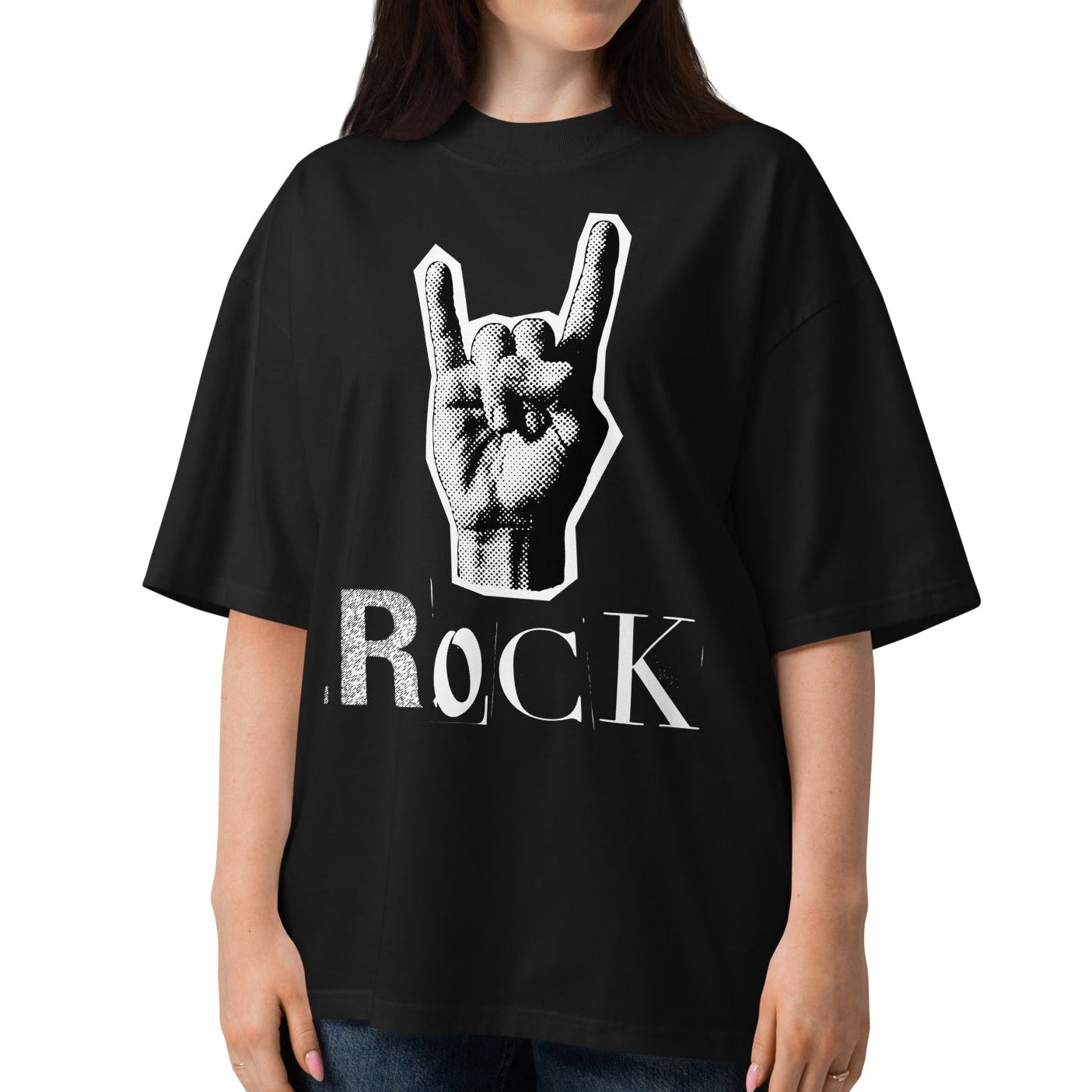 Woman wearing a black t-shirt with a graphic design and the word 'Rock' on a white background