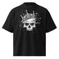 Black t-shirt with a white skull wearing a crown design on a white background