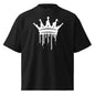 Black t-shirt with a white crown graphic on a white background