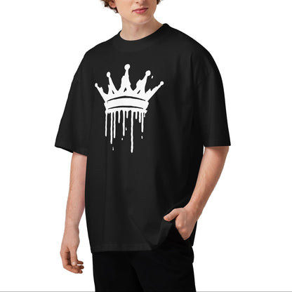 Person wearing a black t-shirt with a logo on a white background