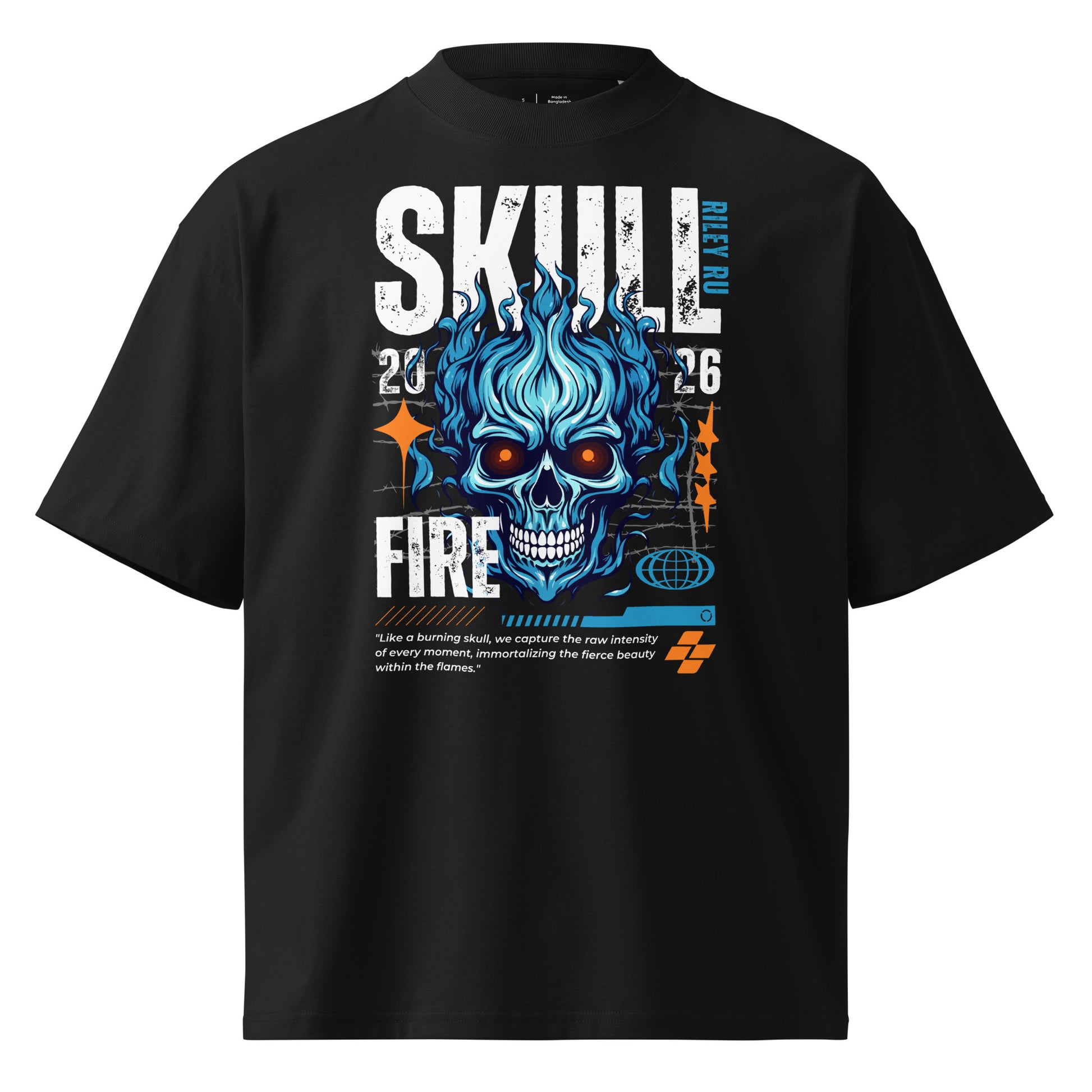Black t-shirt with blue skull design and text on a white background