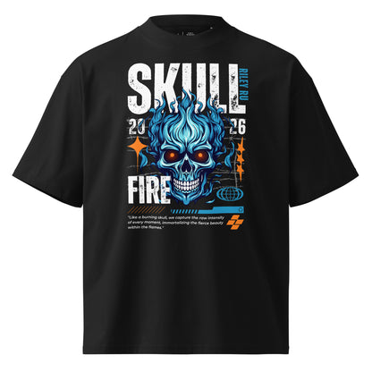 Black t-shirt with blue skull design and text on a white background