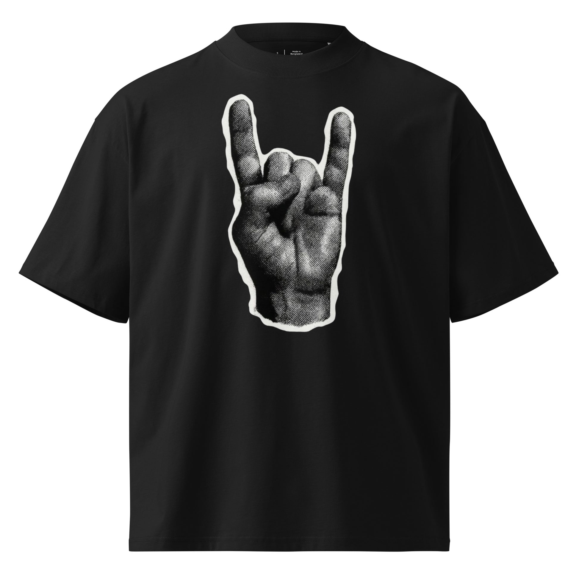 Black t-shirt with a hand gesture graphic on a white background