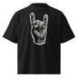 Black t-shirt with a hand gesture graphic on a white background