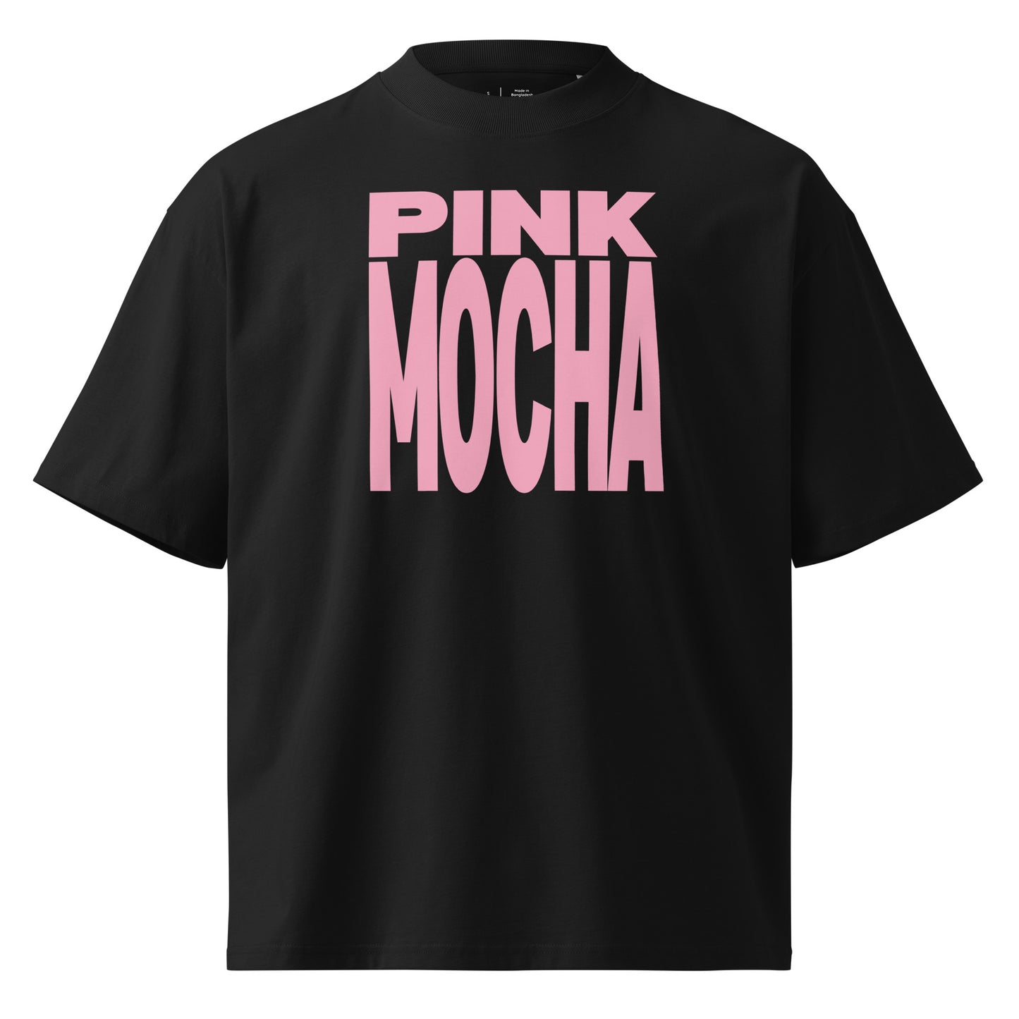 Black t-shirt with pink 'PINK MOCHA' text on a white background