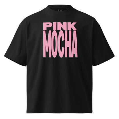 Black t-shirt with pink 'PINK MOCHA' text on a white background