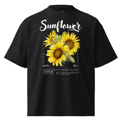 Black t-shirt with sunflower design and text on a white background