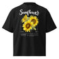 Black t-shirt with sunflower design and text on a white background