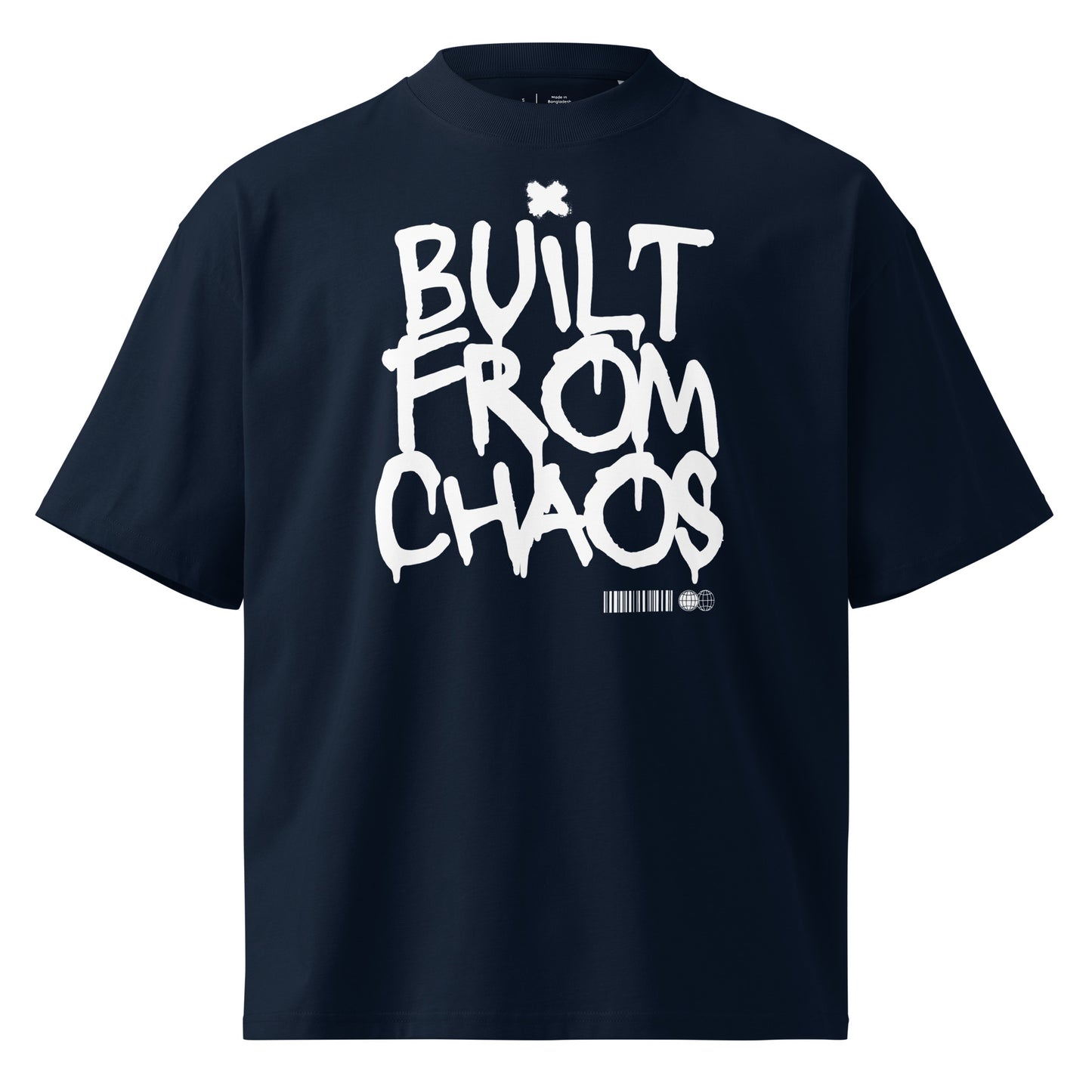 Navy blue t-shirt with 'Built from Chaos' text on a white background