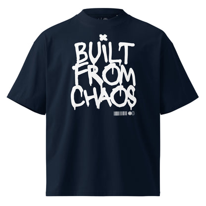 Navy blue t-shirt with 'Built from Chaos' text on a white background