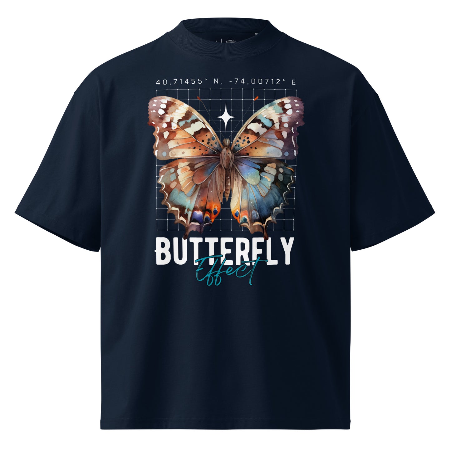 Navy blue t-shirt with a colorful butterfly graphic and 'Butterfly Effect' text on a white background