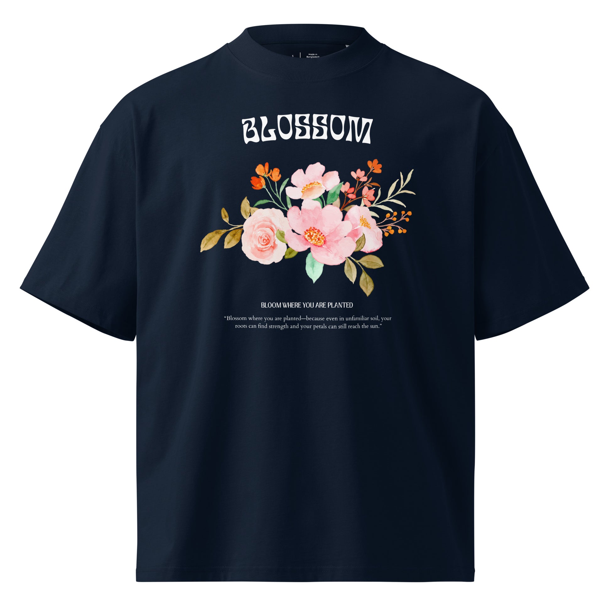 Navy blue t-shirt with floral design and text on a white background