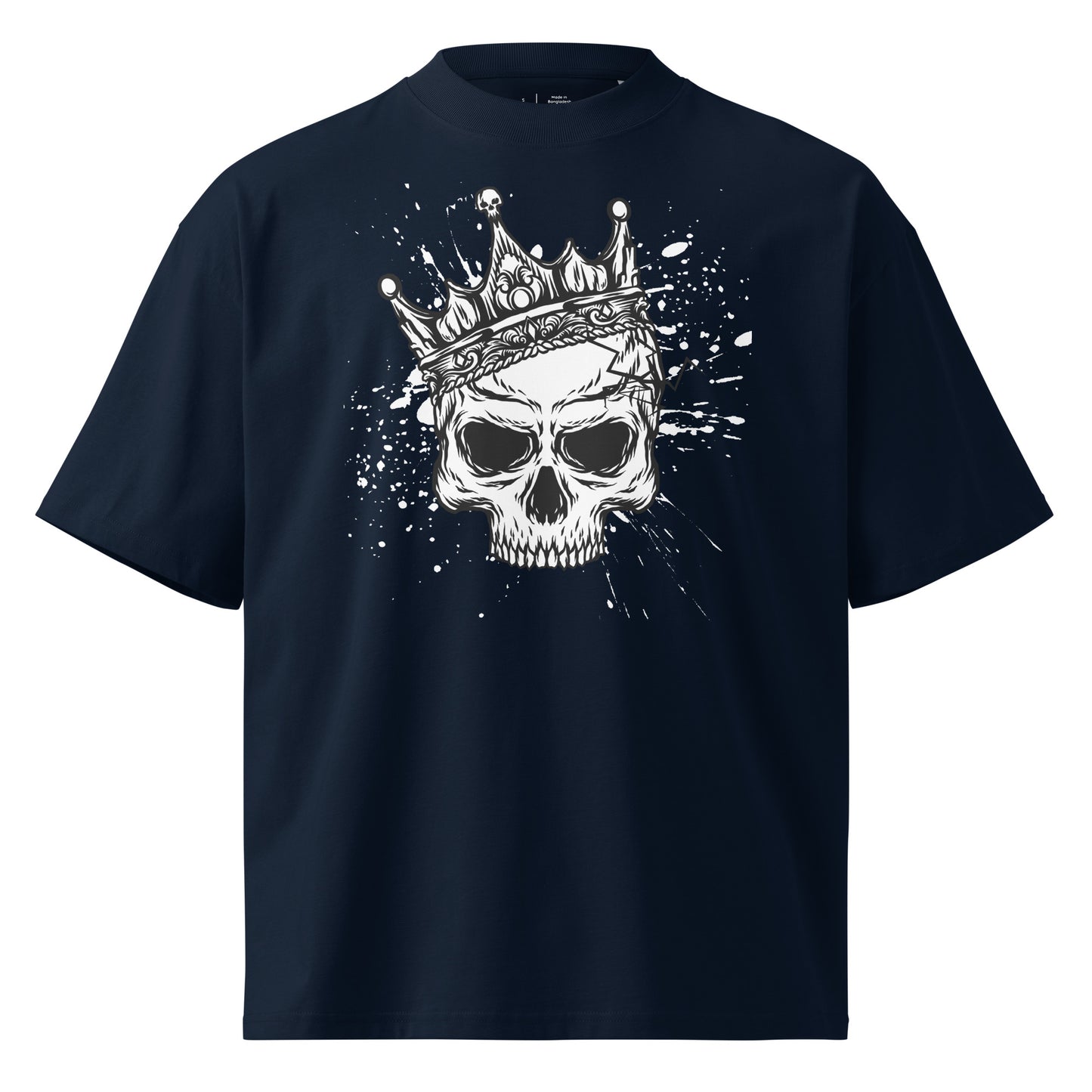 Navy blue t-shirt with a skull wearing a crown graphic on a white background