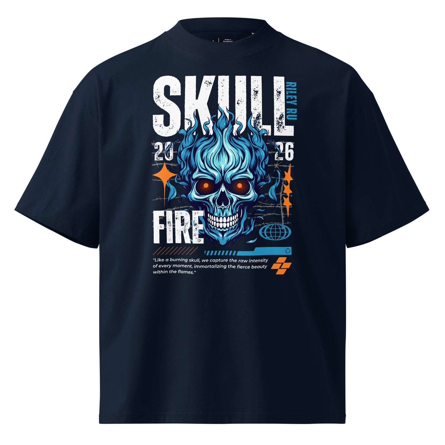 Navy blue t-shirt with a blue skull design and text on a white background