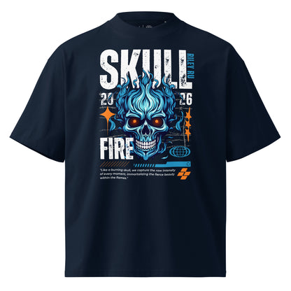 Navy blue t-shirt with a blue skull design and text on a white background