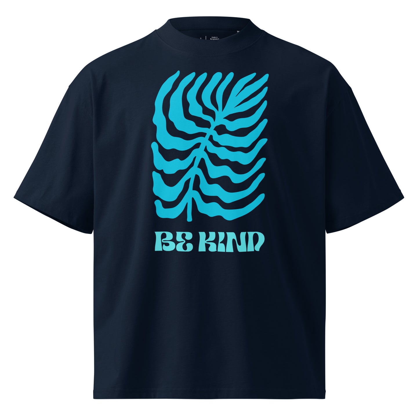 Black t-shirt with blue graphic design and 'Be Kind' text on a white background