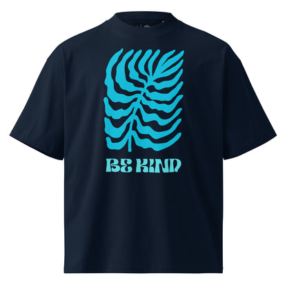 Black t-shirt with blue graphic design and 'Be Kind' text on a white background