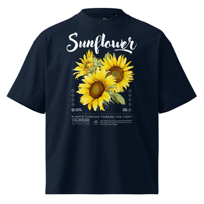 Navy blue t-shirt with sunflower design and text on a white background