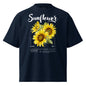 Navy blue t-shirt with sunflower design and text on a white background