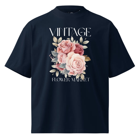 Navy blue t-shirt with floral design and 'Vintage Flower Market' text on a white background