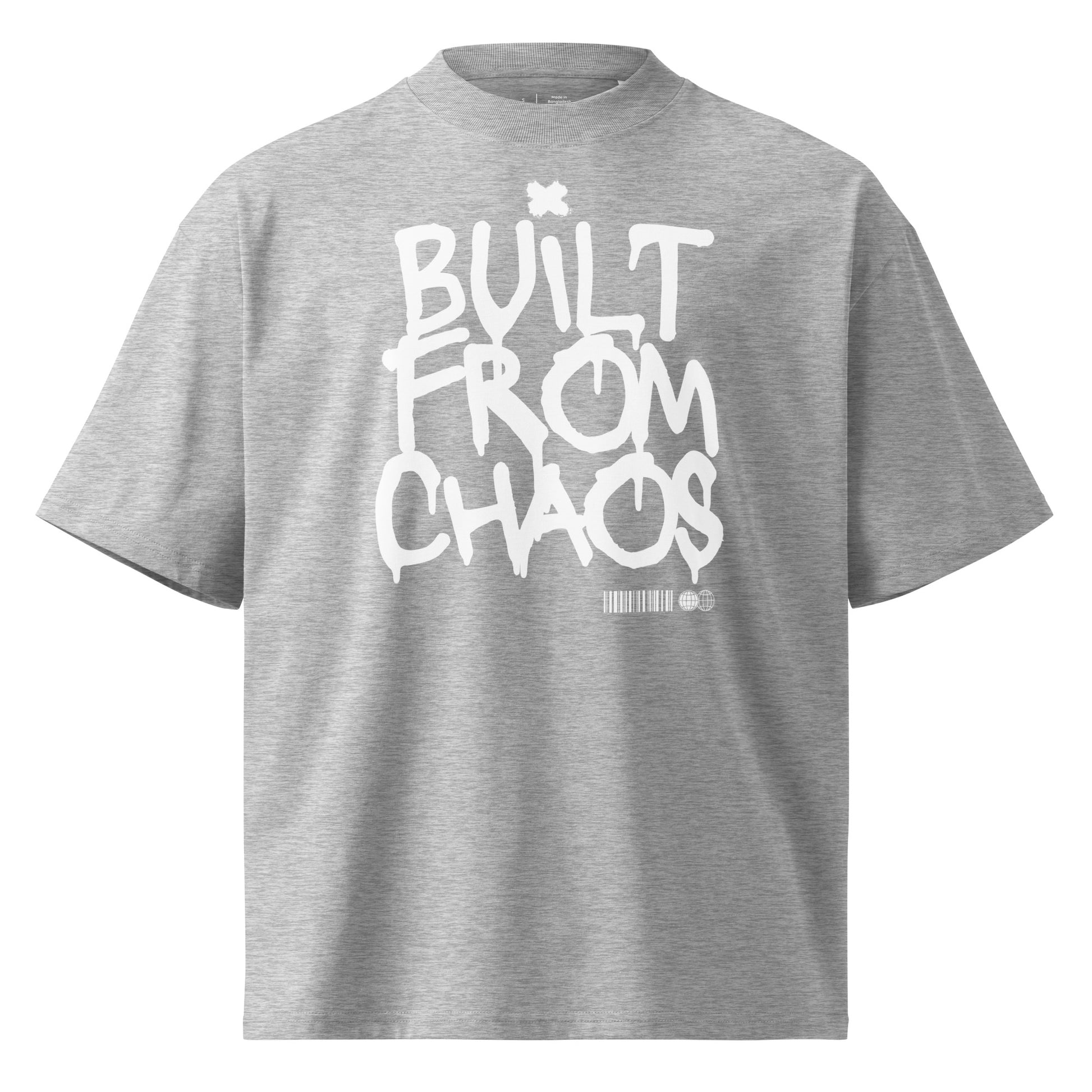 Gray t-shirt with 'Built from Chaos' text on a white background
