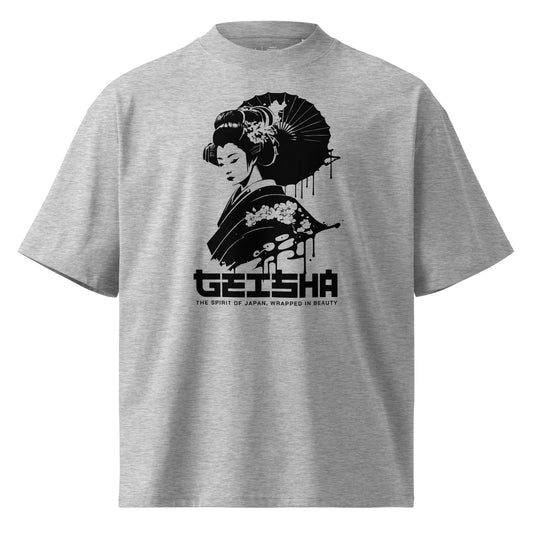 Gray t-shirt with a black geisha design and text on a white background
