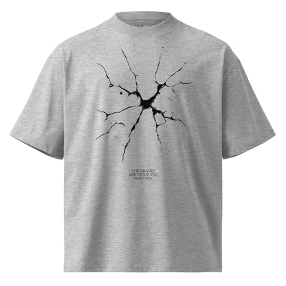 Gray t-shirt with colorful text design on a white background