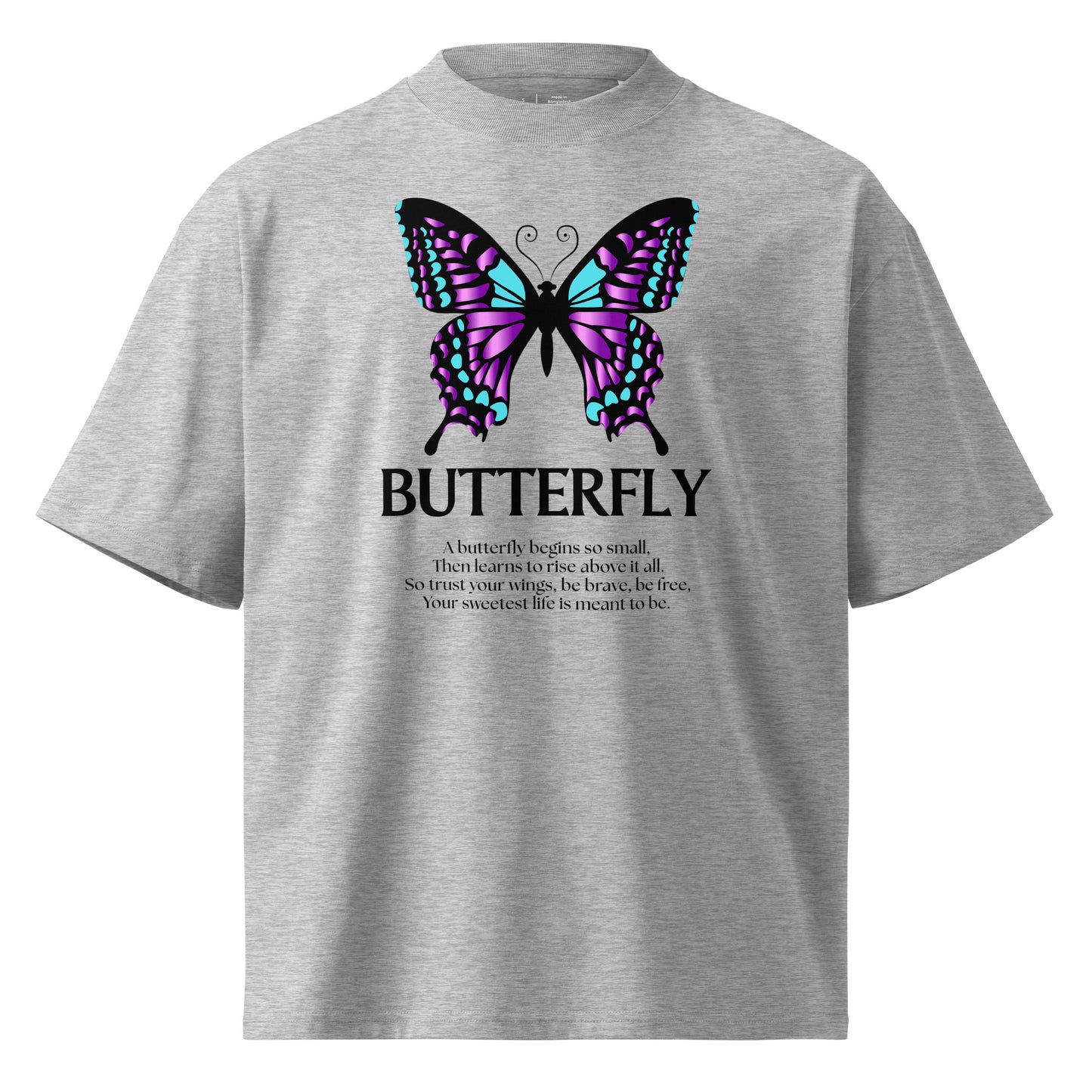 Gray t-shirt with a butterfly graphic and text on a white background