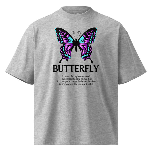 Gray t-shirt with a butterfly graphic and text on a white background