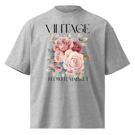 Gray t-shirt with floral design and 'Vintage Flower Market' text on a white background